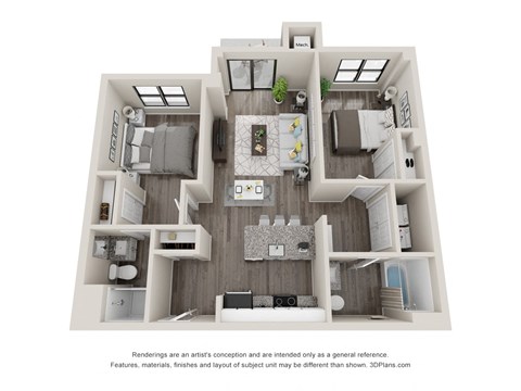 Floor plan for 2 beds, 2 baths, 870 sqft